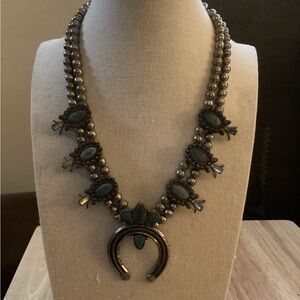 Sancrest Silver and Faux Turquoise Squash Blossom Necklace